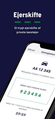 Ejerskifte-appen: skærm der viser koden, køber skal indtaste, mens ejerskiftet tælles ned